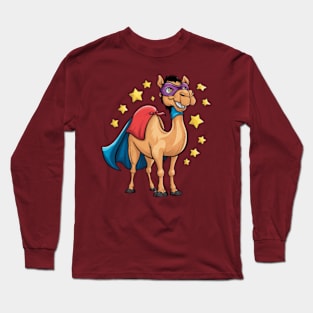 Creative and humorous vector print of a Bactrian camel, wearing a superhero cape and mask, standing confidently with a cheerful smile. (2) Long Sleeve T-Shirt